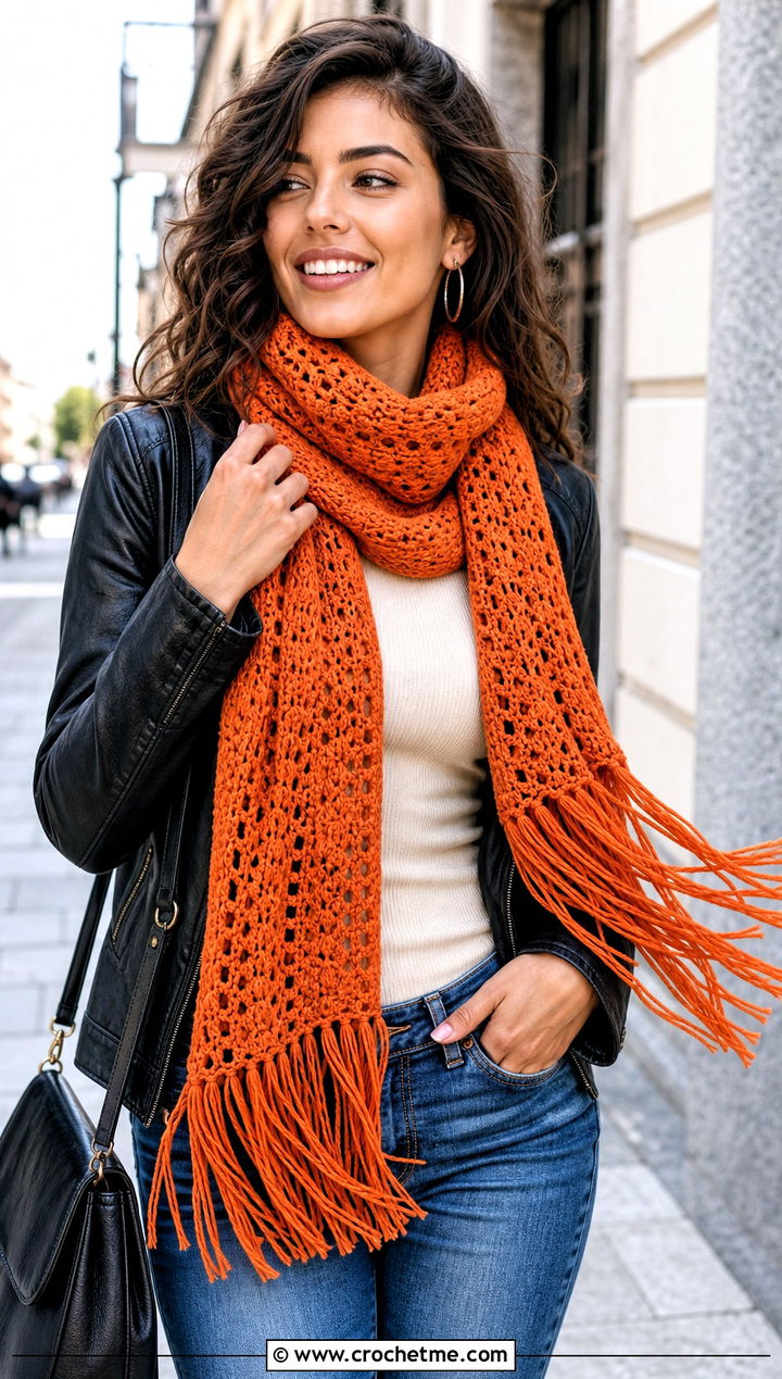 Fringed Crochet Scarf With Leather Jacket And Denim - 25 Quick And Easy Crochet Scarf outfit ideas