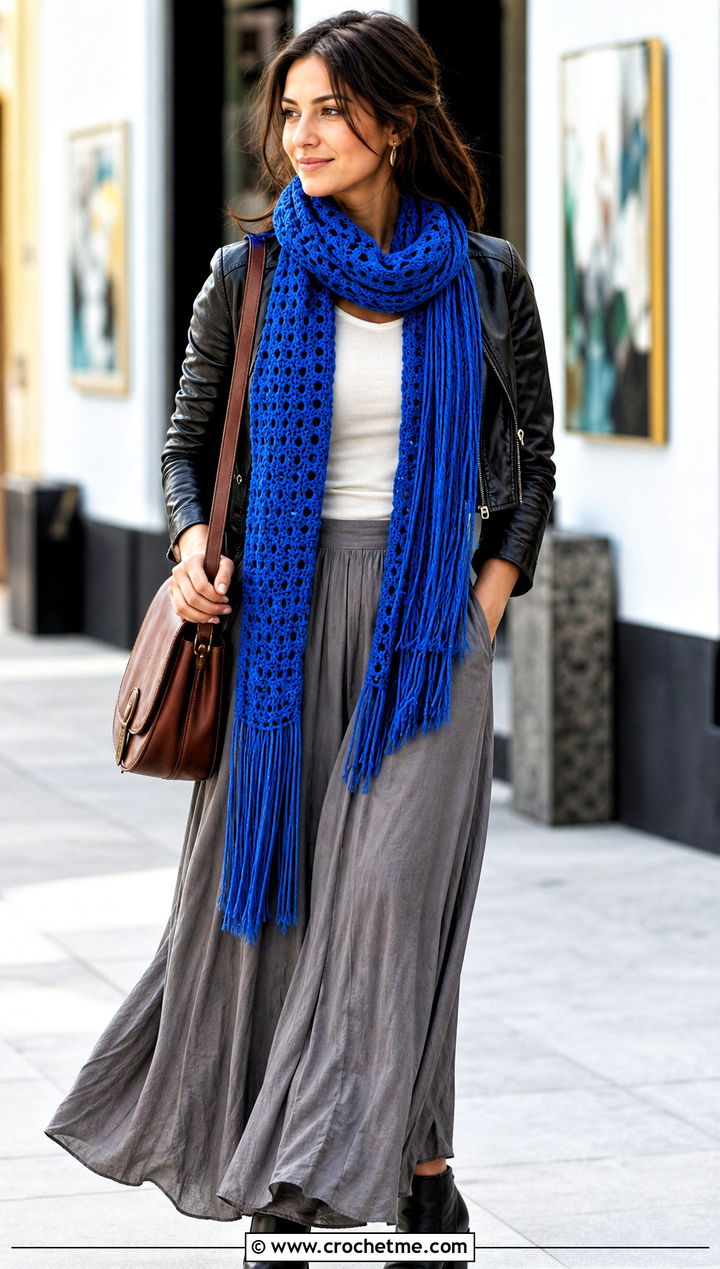 Fringed Crochet Scarf With Leather Jacket And Maxi Skirt - 25 Crochet Fun Scarf outfit ideas