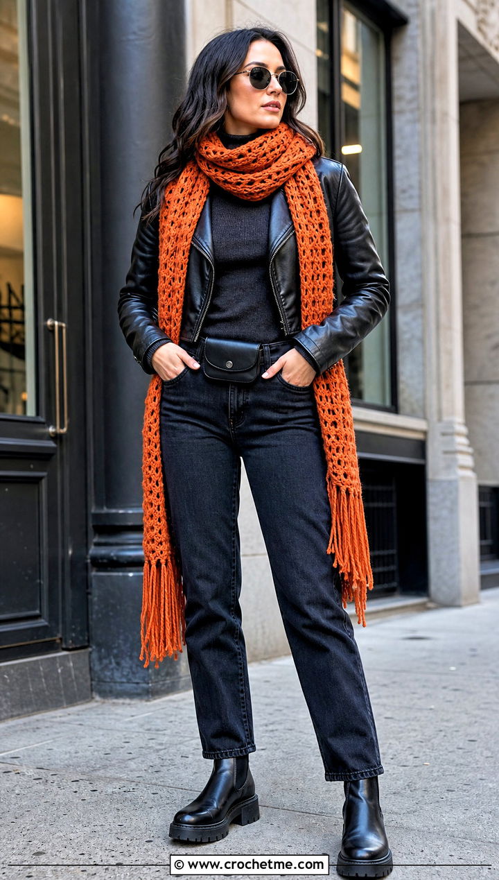 Fringed Crochet Scarf With Leather Jacket and Black Jeans - 35 Winter Crochet Scarf outfit ideas