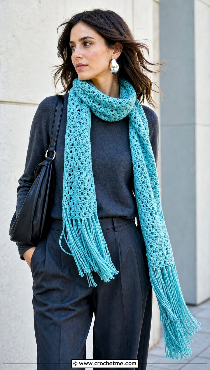 Fringed Crochet Scarf With Monochrome Outfit - 20 Crochet Textured Scarf outfit ideas