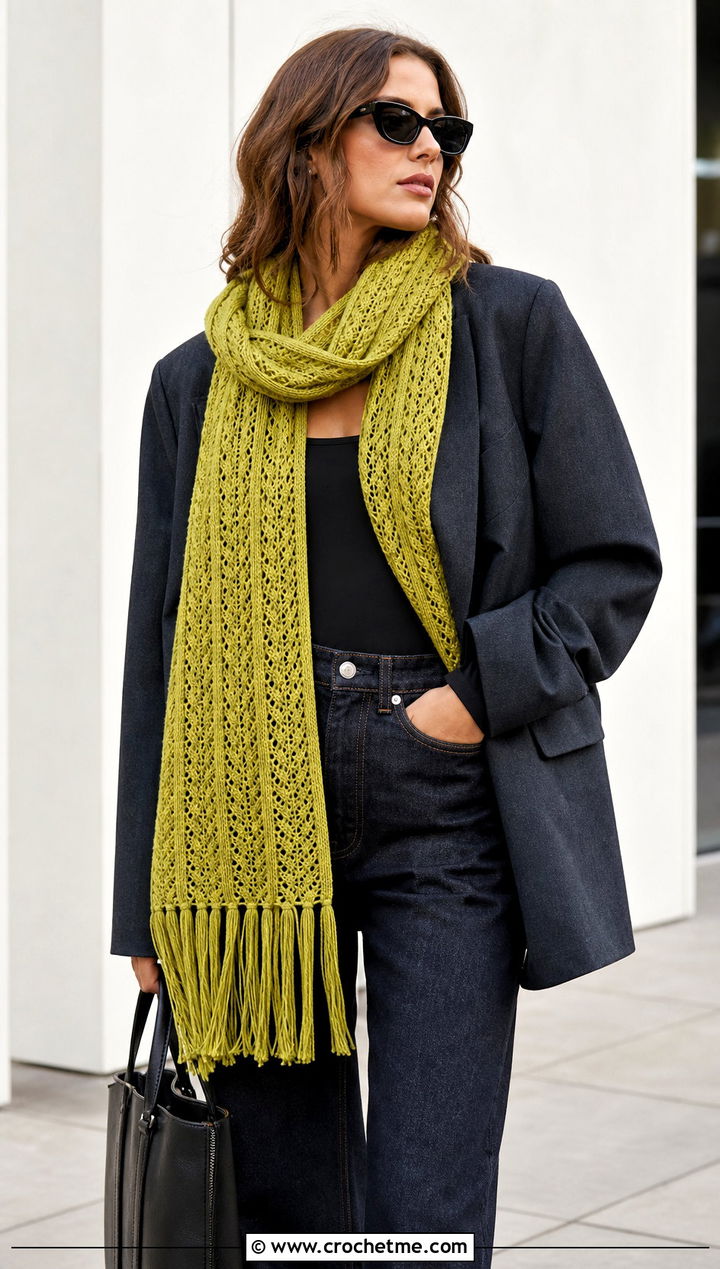 Fringed Crochet Scarf With Oversized Blazer - 15 beginner crochet scarf design outfit ideas