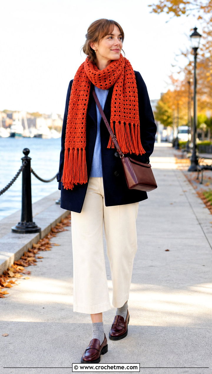 Fringed Crochet Scarf With Peacoat - 35 fall crochet scarf outfit ideas