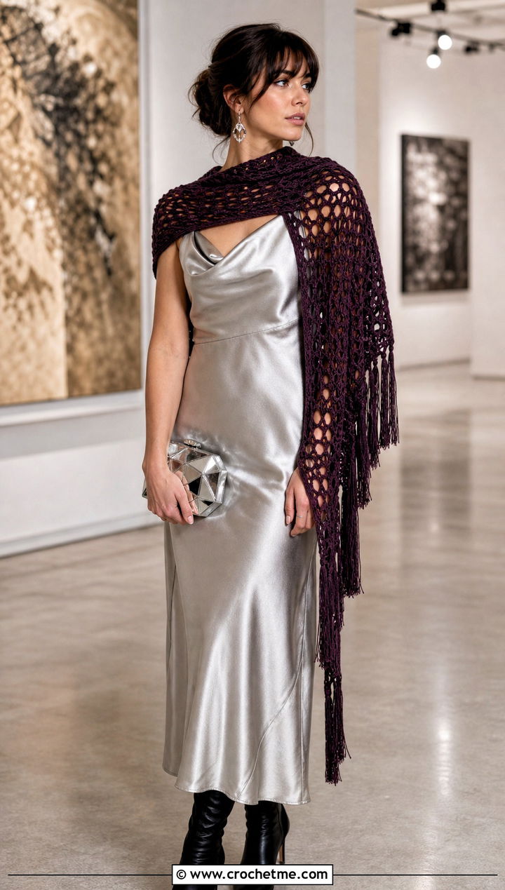 Fringed Crochet Scarf With Satin Dress And Heeled Boots - 20 Elegant Crochet Scarf outfit ideas