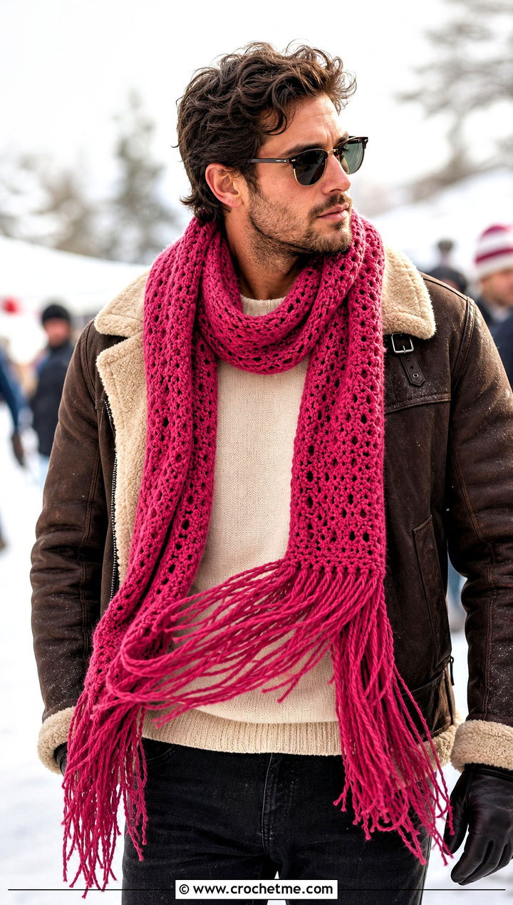 Fringed Crochet Scarf With Shearling Jacket - 20 Mens Winter Crochet Scarf outfit ideas