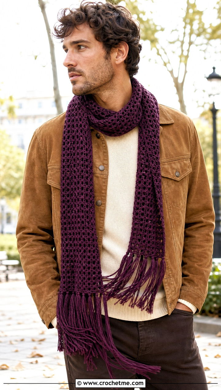 Fringed Crochet Scarf With Suede Jacket - 30 Mens Crochet Scarf outfit ideas
