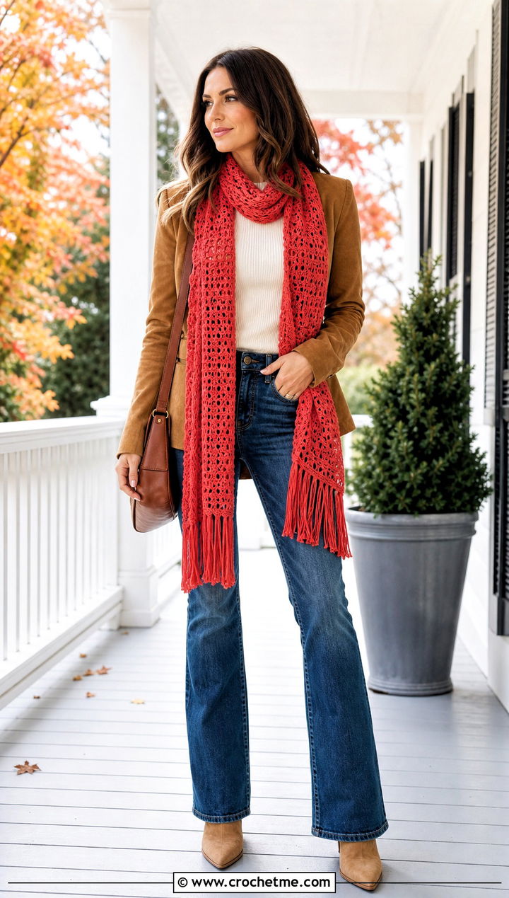 Fringed Crochet Scarf With Suede Jacket - 35 cute crochet scarf outfit ideas