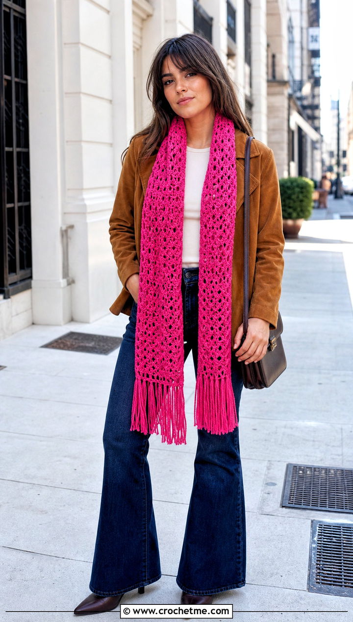 Fringed Crochet Scarf With Suede Jacket And Flare Jeans - 25 pretty crochet scarf outfit ideas