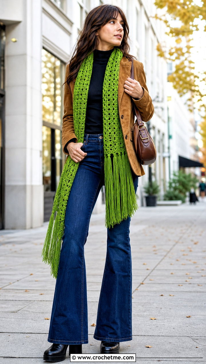 Fringed Crochet Scarf With Suede Jacket And Flare Jeans - 35 easy crochet scarf for beginners outfit ideas