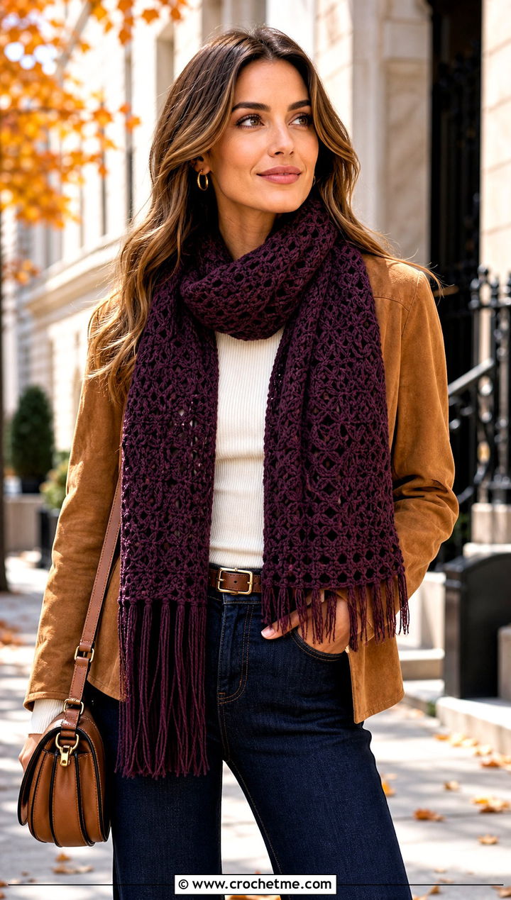 Fringed Crochet Scarf With Suede Jacket And Flared Jeans - 15 elegant crochet scarf design outfit ideas