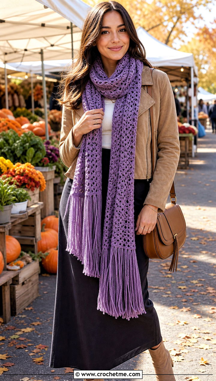 Fringed Crochet Scarf With Suede Jacket And Maxi Skirt - 30 easy crochet scarfs outfit ideas