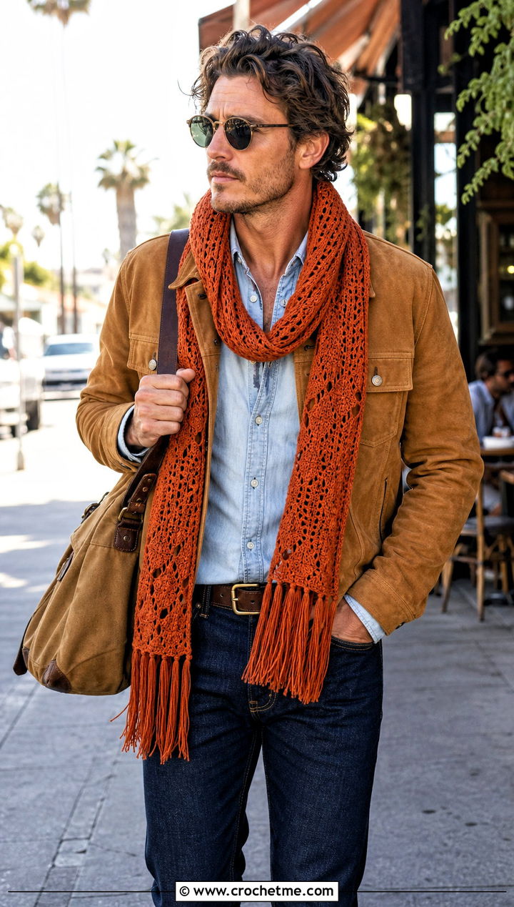 Fringed Crochet Scarf With Suede Jacket - 30 male crochet scarf outfit ideas