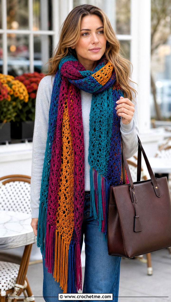 Fringed Crochet Scarf With Sweater And Jeans - 25 multi colored crochet scarf outfit ideas