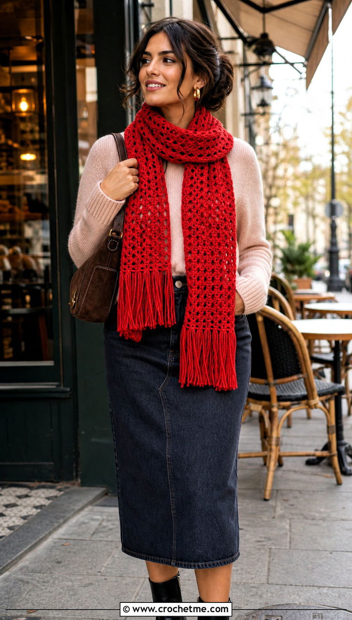 Fringed Crochet Scarf With Sweater And Midi Skirt - 15 Crochet Unisex Scarf outfit ideas