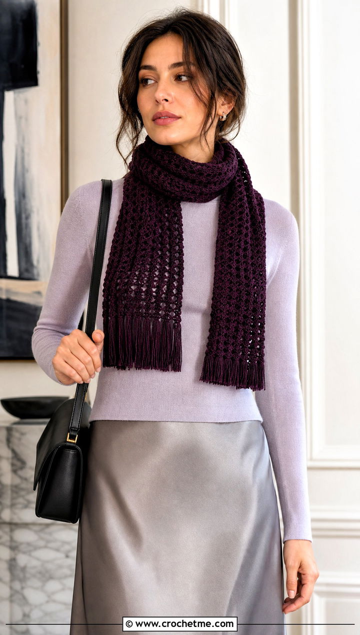 Fringed Crochet Scarf With Sweater And Satin Skirt - 15 Light Weight Crochet Scarf outfit ideas