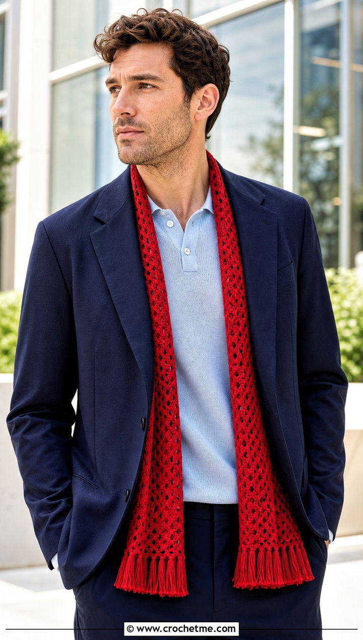 Fringed Crochet Scarf With Tailored Suit - 30 easy crochet scarf men outfit ideas