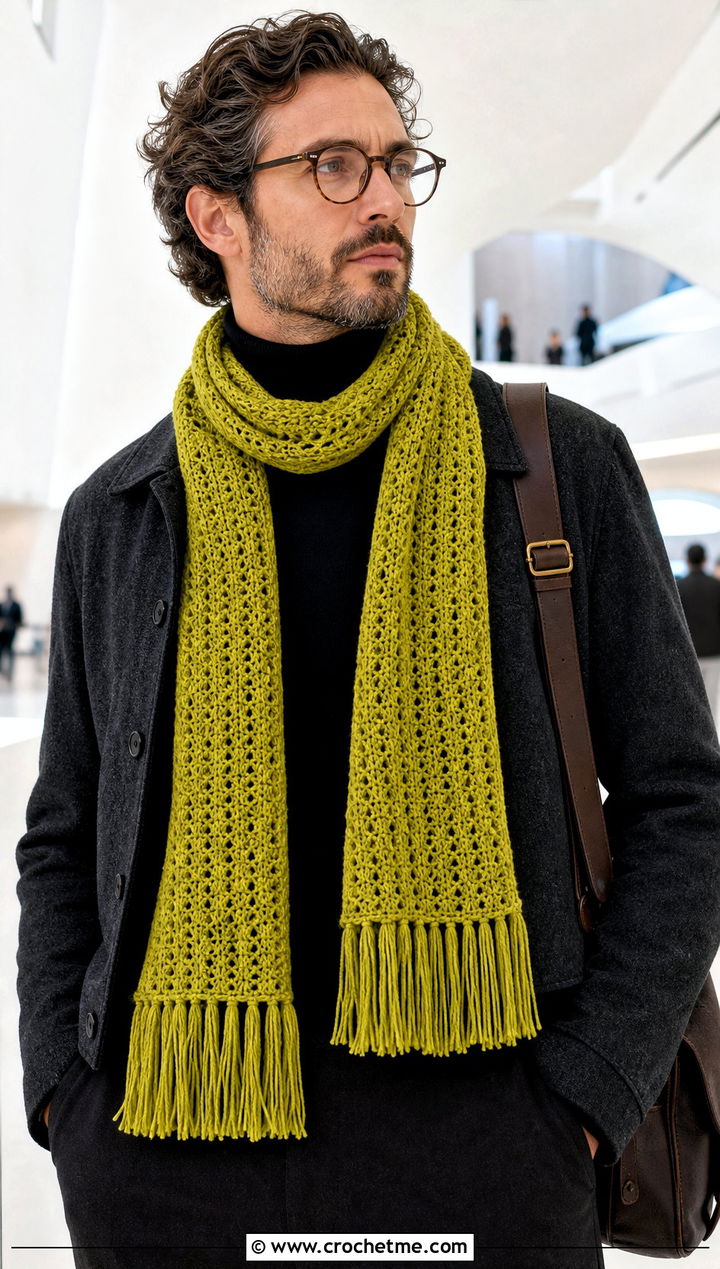 Fringed Crochet Scarf With Turtleneck - 20 men's crocheted scarf outfit ideas