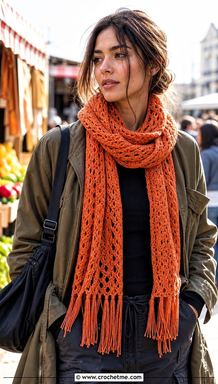 Fringed Crochet Scarf With Utility Jacket - 25 Wednesday Crochet Scarf outfit ideas