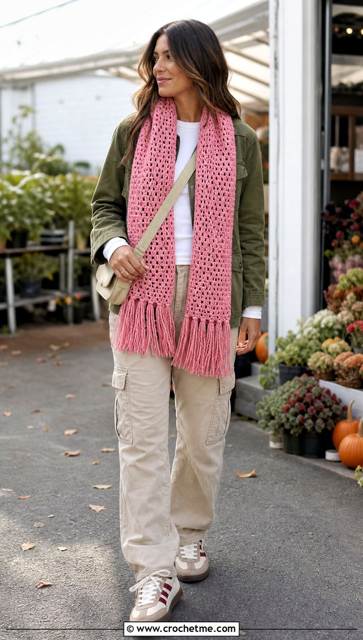Fringed Crochet Scarf With Utility Jacket - 35 crocheted scarf outfit ideas