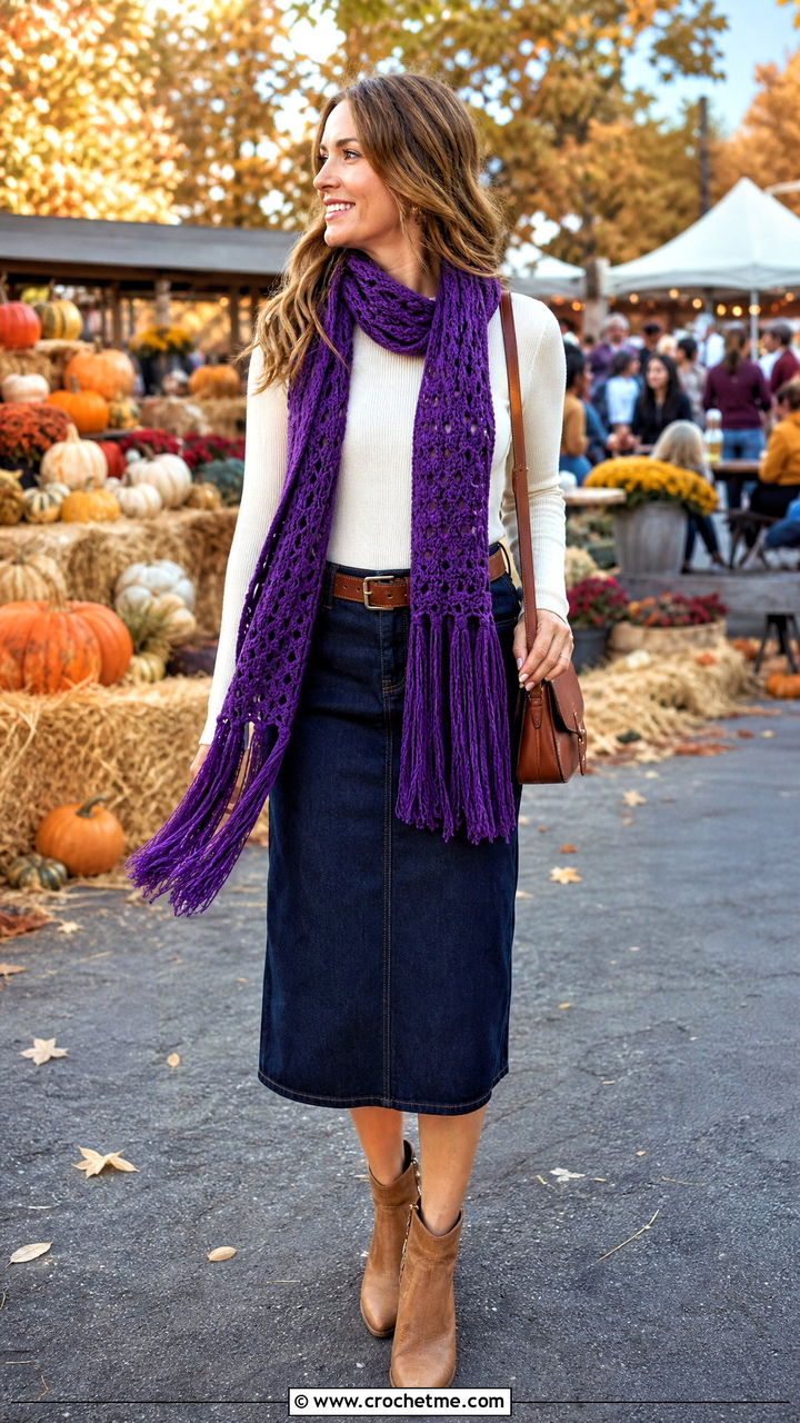Fringed Crochet Scarf With Western Boots - 35 easy crochet scarves outfit ideas