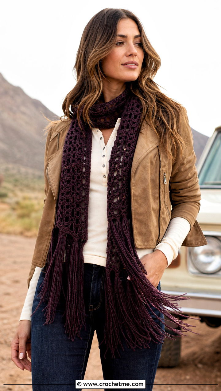 Fringed Crochet Scarf With Western Denim Outfit - 30 wanderlust crochet scarf outfit ideas