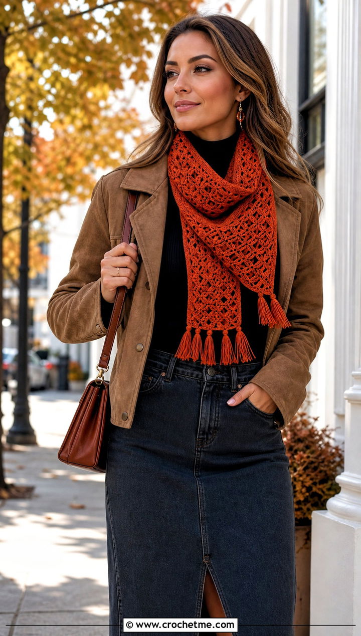 Fringed Crochet Scarf With Western Denim Outfit - 30 unique crochet scarf outfit ideas