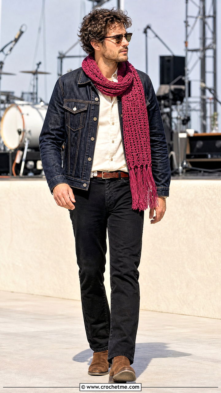 Fringed Crochet Scarf With Western Jacket - 35 crochet scarf for men outfit ideas