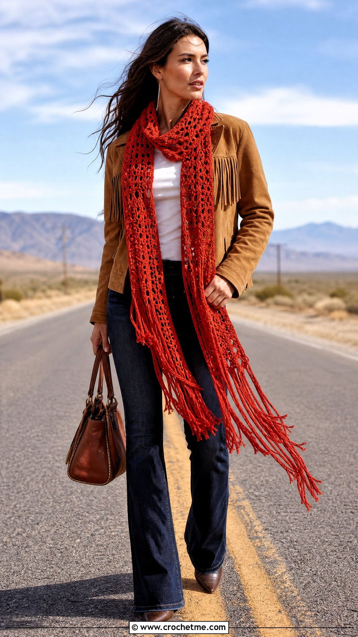 Fringed Crochet Scarf With Western Jacket - 35 crochet scarf ideas
