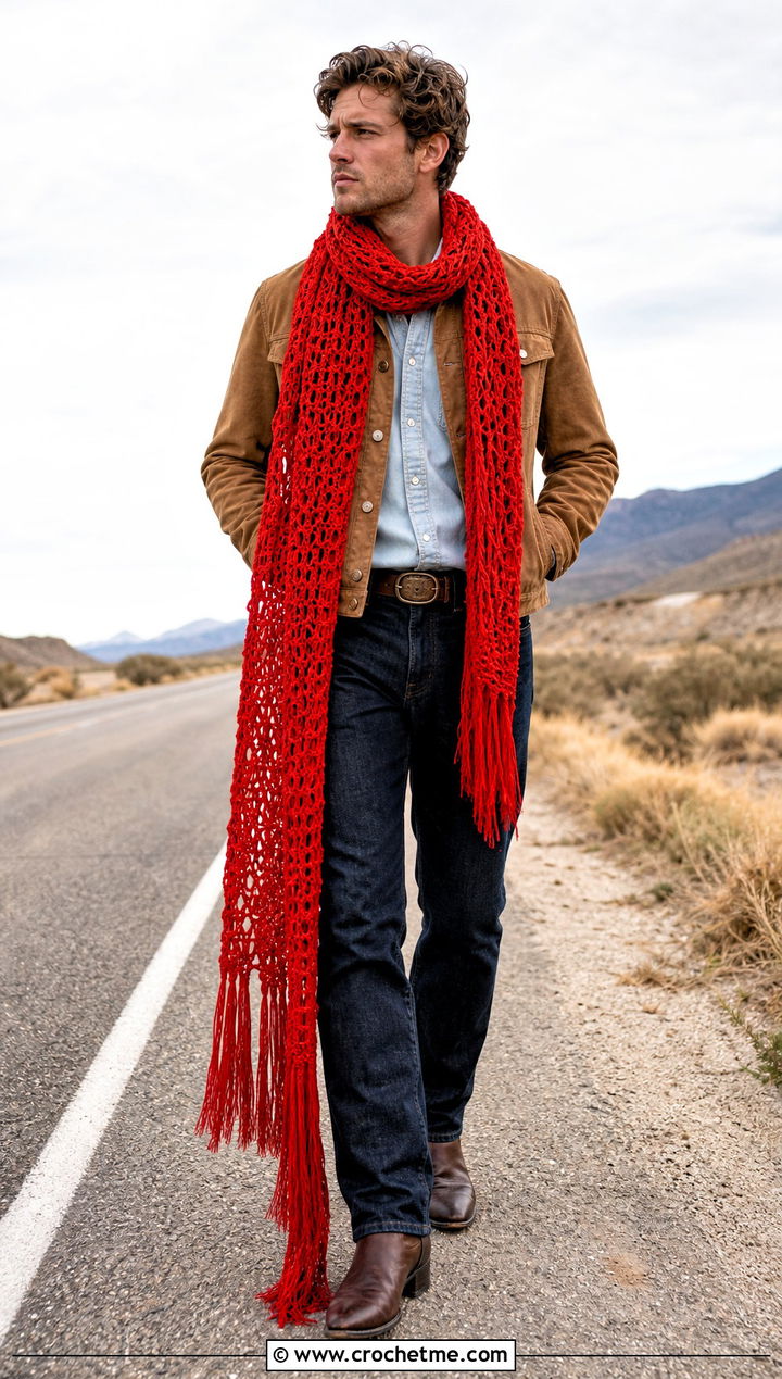 Fringed Crochet Scarf With Western Jacket - 35 men crochet scarf outfit ideas