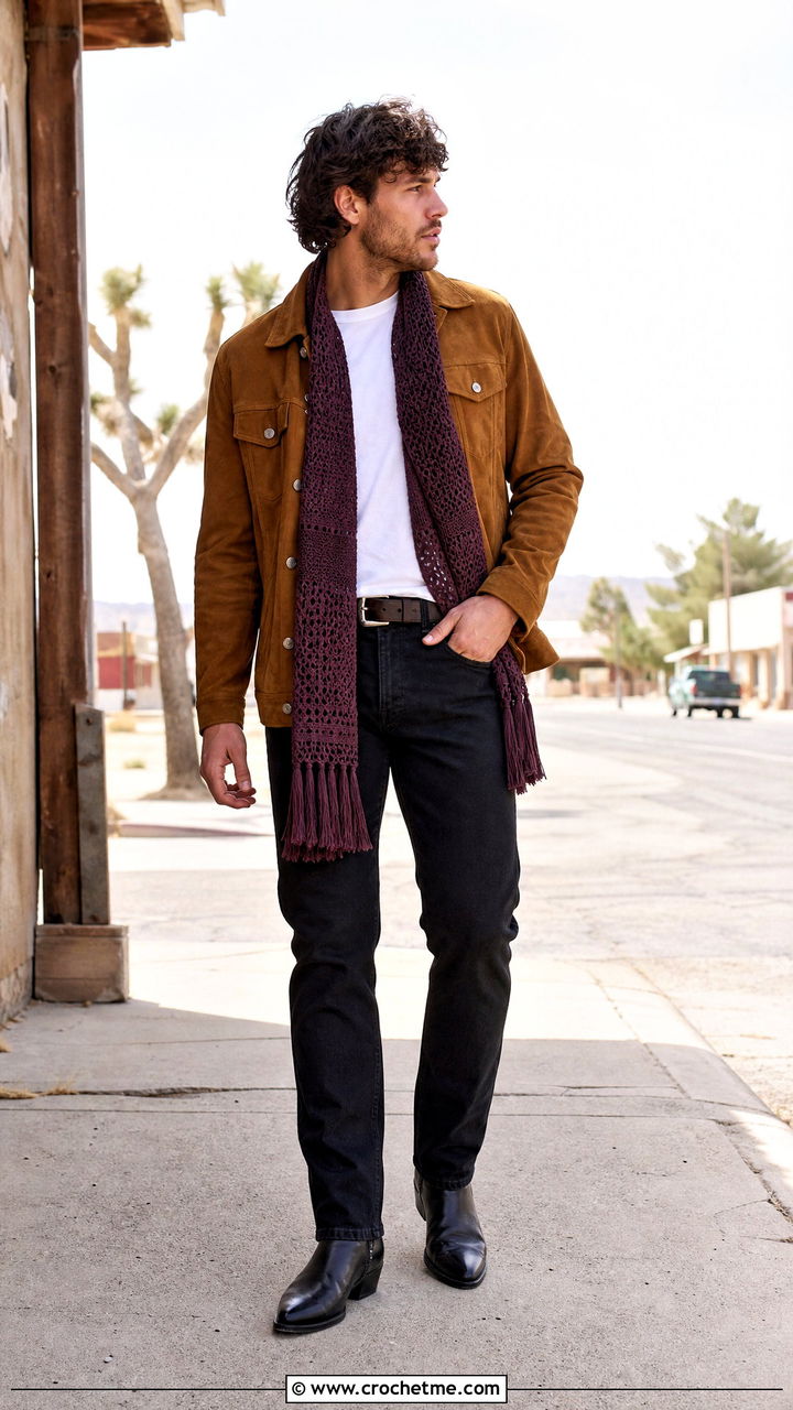 Fringed Crochet Scarf With Western Jacket - 35 men's crochet scarf outfit ideas