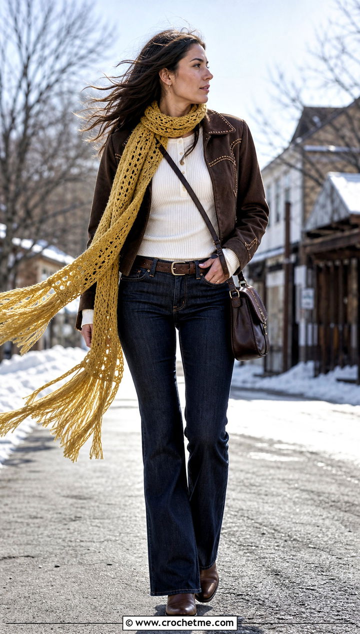 Fringed Crochet Scarf With Western Jacket - 35 Winter Crochet Scarfs For Women outfit ideas