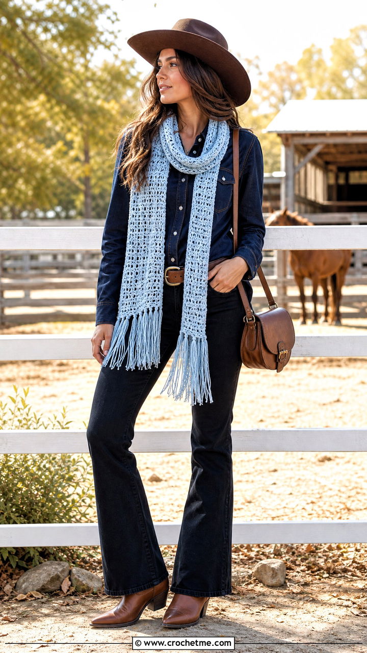 Fringed Crochet Scarf With Western Shirt And Jeans - 35 beginner crochet scarf outfit ideas
