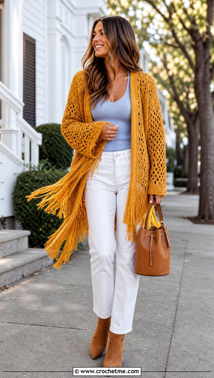 Fringed Crochet Shawl Sweater With White Jeans - 25 crochet shawl sweater outfit ideas