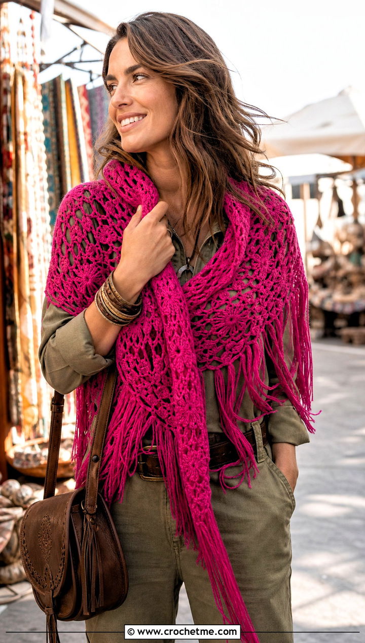 Fringed Crochet Shawl With A Utility Jumpsuit - 15 bright crochet shawl outfit ideas