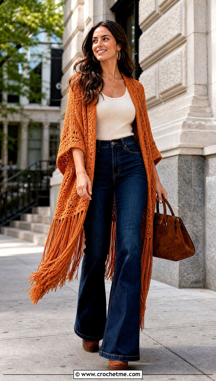 Fringed Crochet Shawl With Arm Holes And Flared Jeans - 30 crochet shawl with arm holes outfit ideas