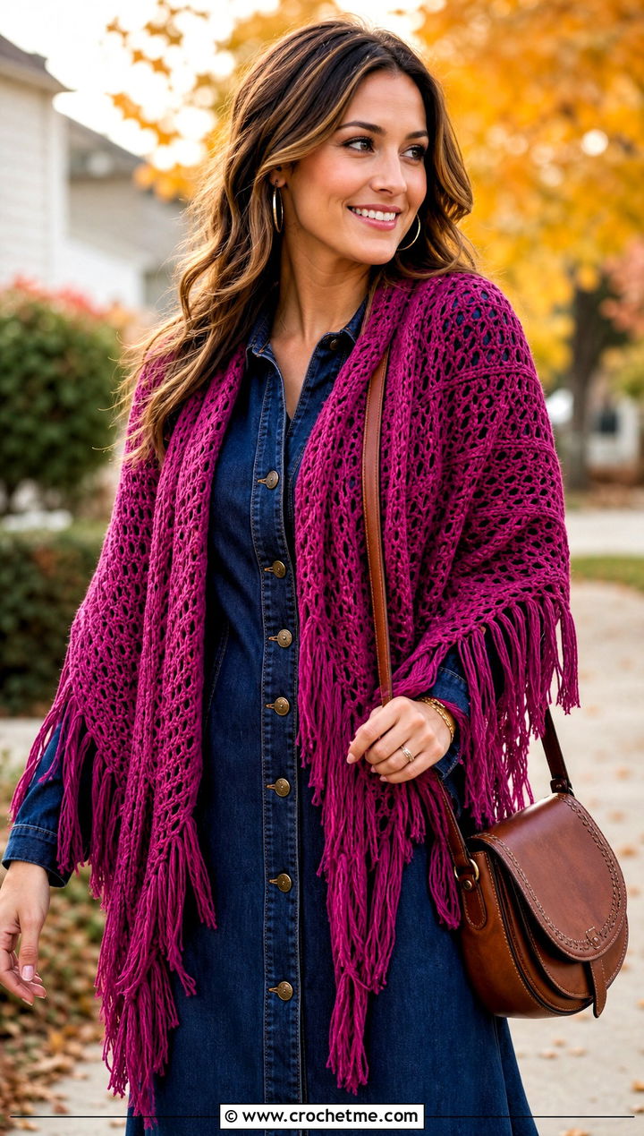 Fringed Crochet Shawl With Denim Dress - 25 Crochet For Shawl outfit ideas