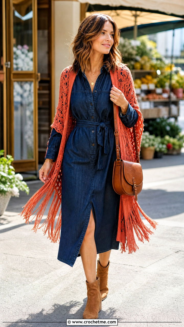 Fringed Crochet Shawl With Denim Dress - 35 crochet shawls and wraps outfit ideas