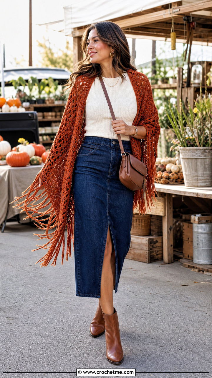 Fringed Crochet Shawl With Denim Midi Skirt - 35 Crocheted Shawls And Wraps outfit ideas