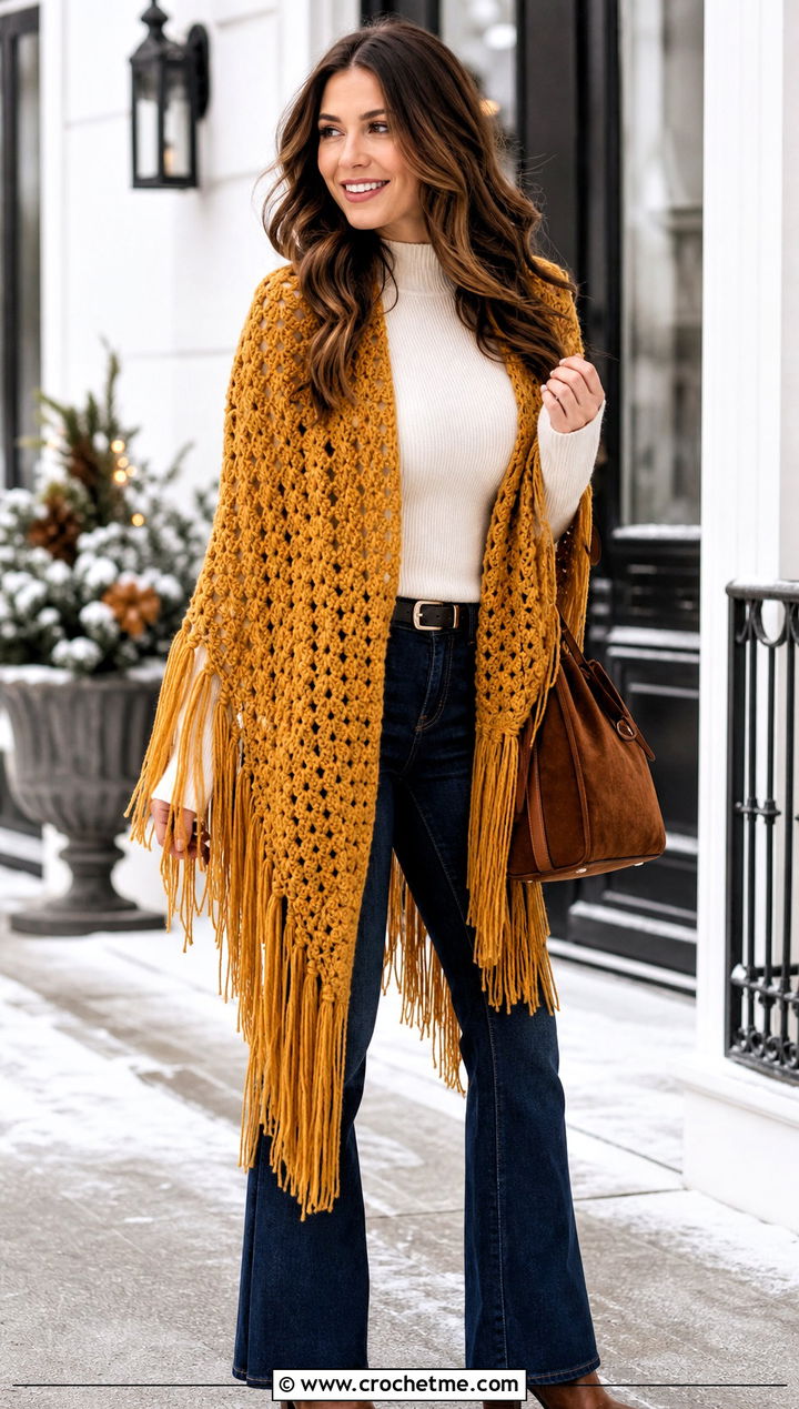Fringed Crochet Shawl With Flare Jeans - 30 winter crochet shawl outfit ideas
