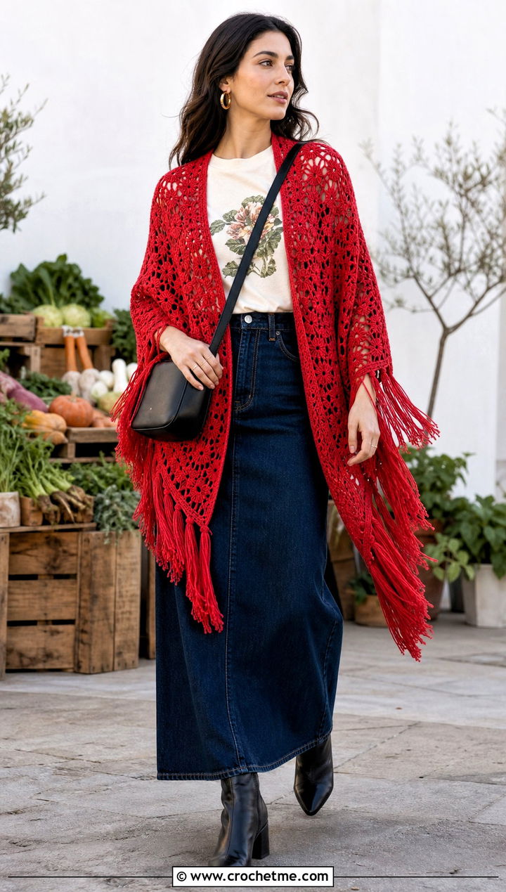 Fringed Crochet Shawl With Graphic Tee And Denim Maxi Skirt - 15 Easy Crochet Shawls outfit ideas