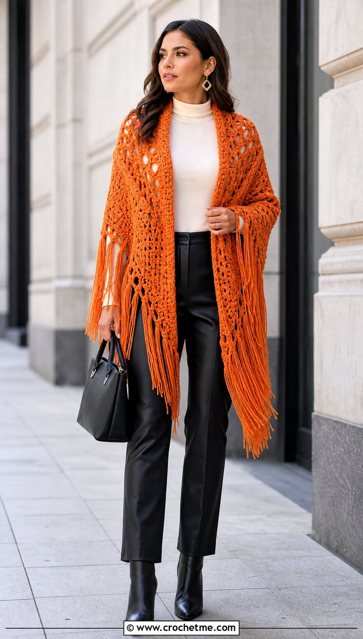 Fringed Crochet Shawl With Leather Pants - 15 Super Bulky Crochet Shawl outfit ideas