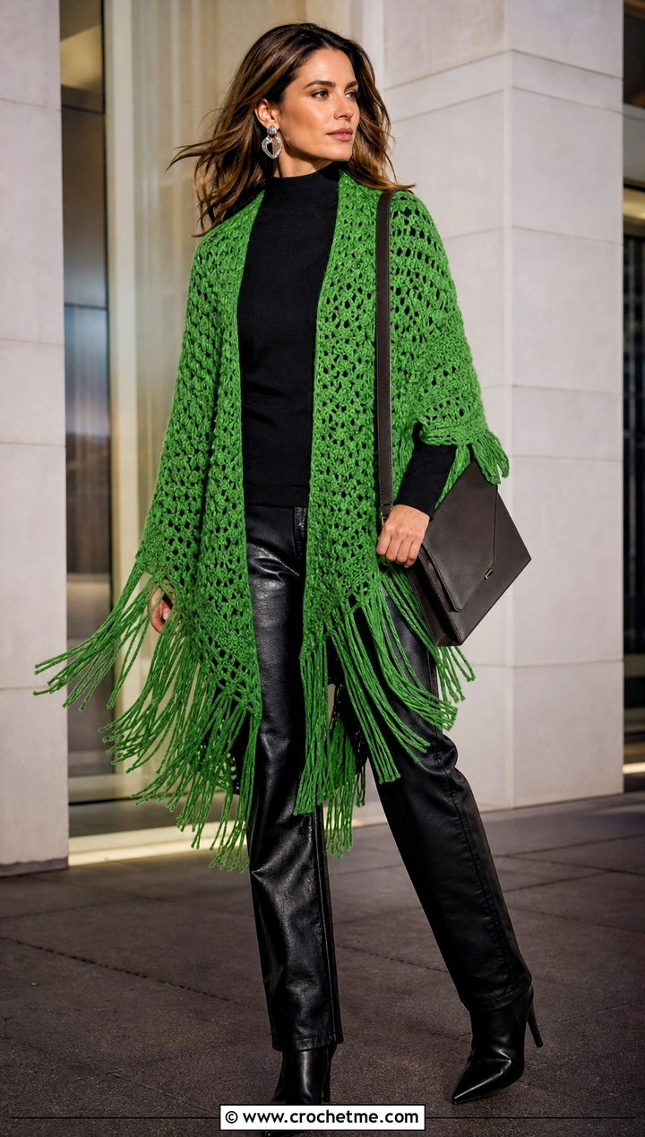 Fringed Crochet Shawl With Leather Pants - 20 Elegant Crochet Shawl outfit ideas