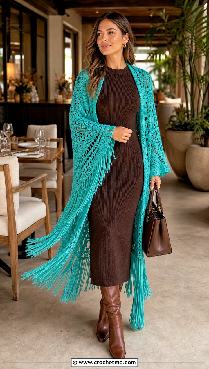 Fringed Crochet Shawl With Sleeves And Knit Column Dress - 35 crochet shawl with sleeves outfit ideas