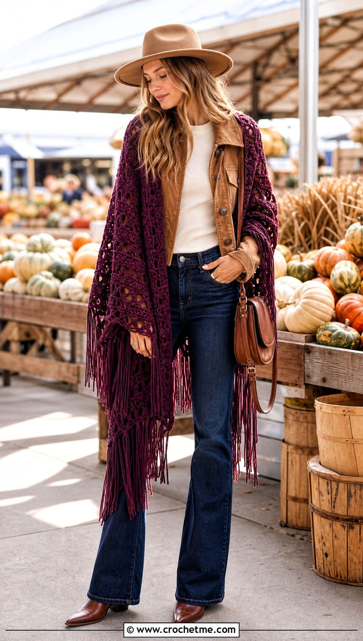 Fringed Crochet Shawl With Suede Jacket And Bootcut Jeans - 35 quick crochet shawl outfit ideas