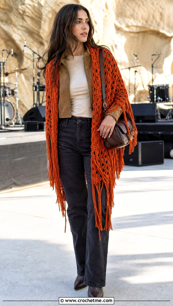 Fringed Crochet Shawl With Suede Jacket And Jeans - 25 Spring Crochet Shawl outfit ideas