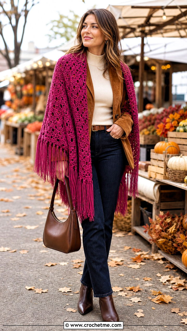 Fringed Crochet Shawl With Suede Jacket - 25 Fall Crochet Shawl outfit ideas