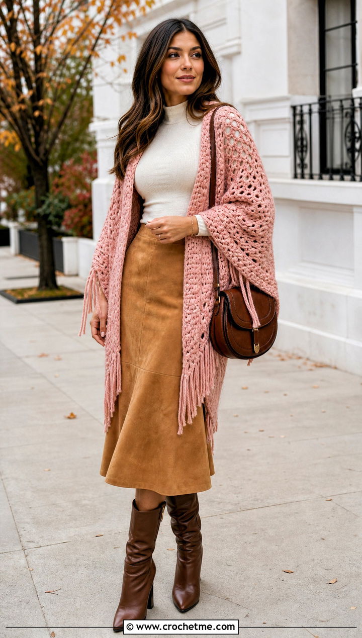 Fringed Crochet Shawl With Suede Skirt - 25 Crochet A Shawl outfit ideas