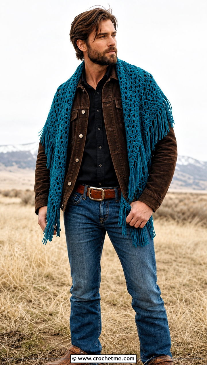 Fringed Crochet Shawl With Western Jacket - 30 crochet shawl for men outfit ideas