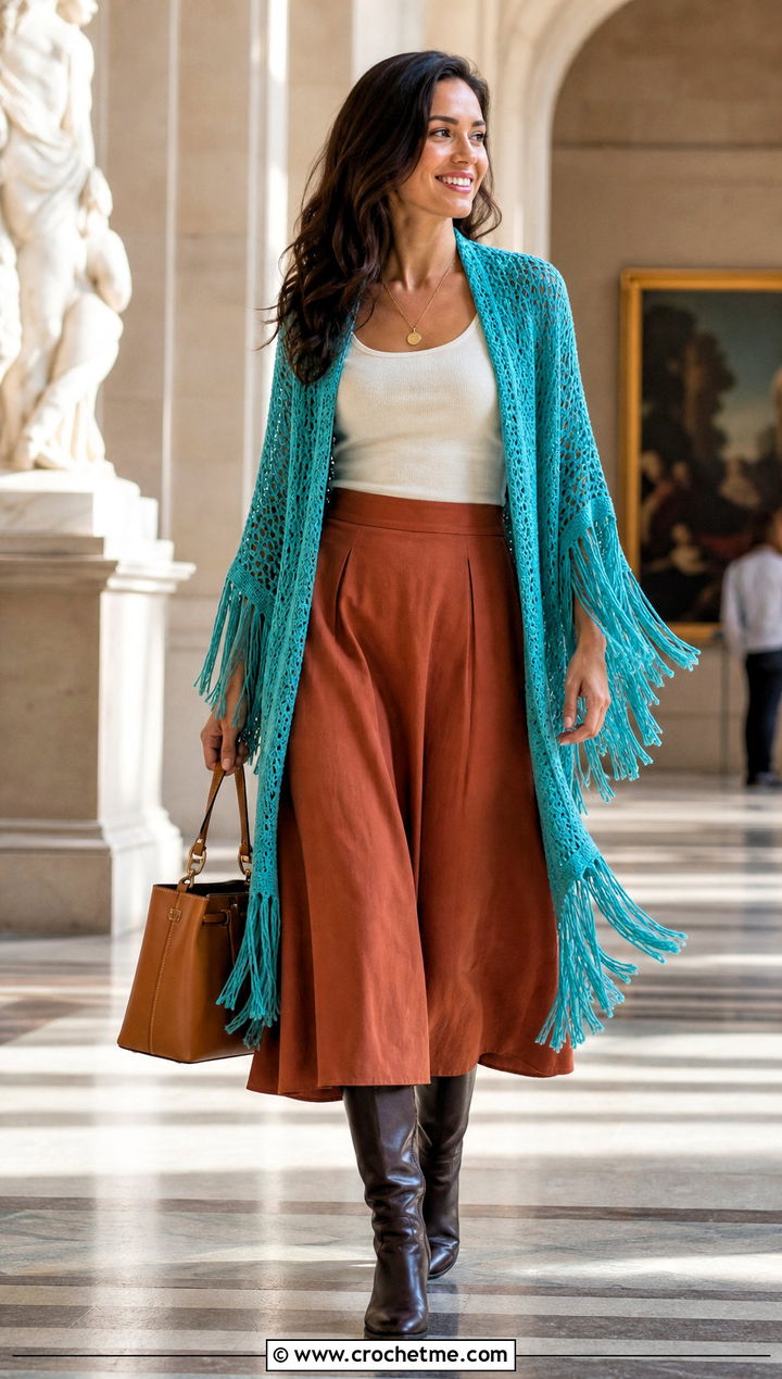 Fringed Crochet Shawl Wrap With Midi Skirt - 35 crochet wrap with sleeves outfit ideas