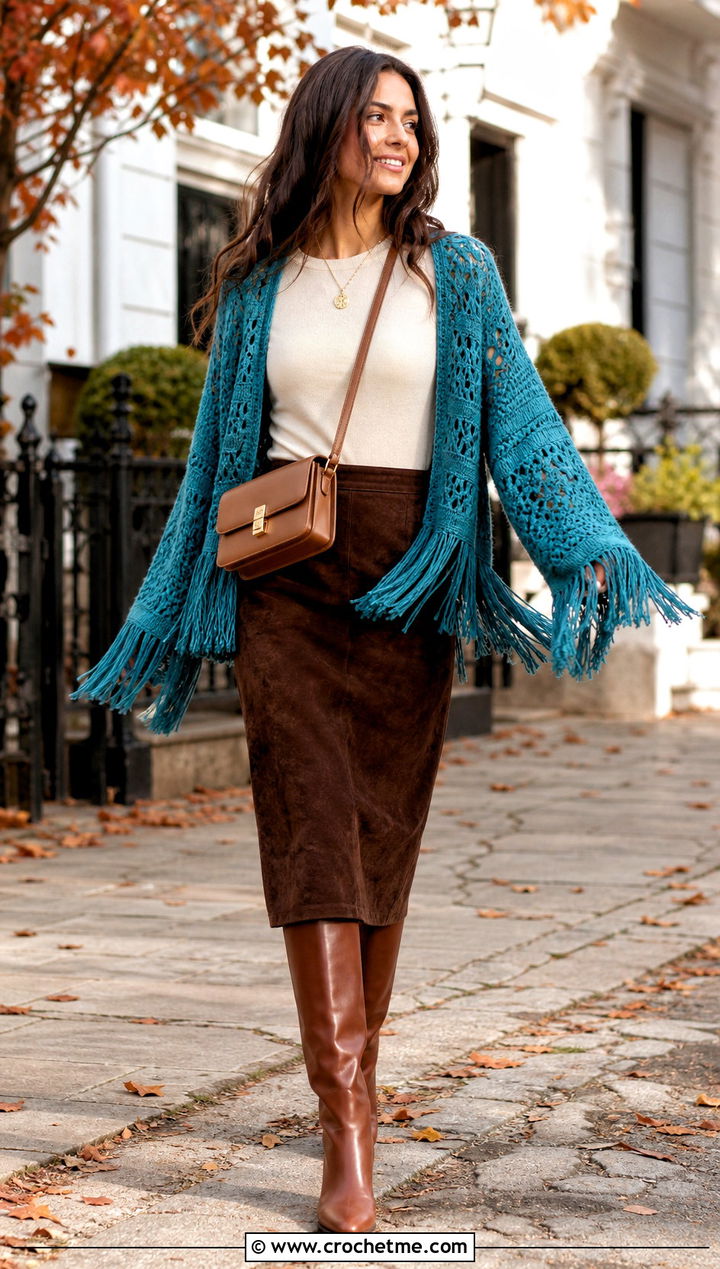 Fringed Crochet Shrug Sweater With Suede Midi Skirt - 30 crochet shrug sweater outfit ideas
