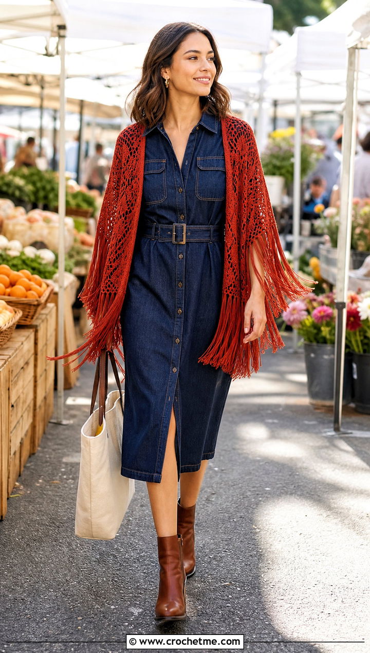 Fringed Crochet Shrug With Denim Dress - 30 crochet shrug for women outfit ideas